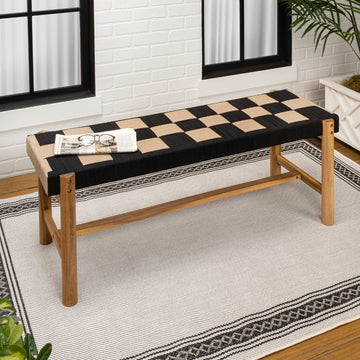 Denis 48" 2-Seat Backless 700-Lbs Support Acacia Wood Outdoor Bench With Checkerboard Woven Rope Seat